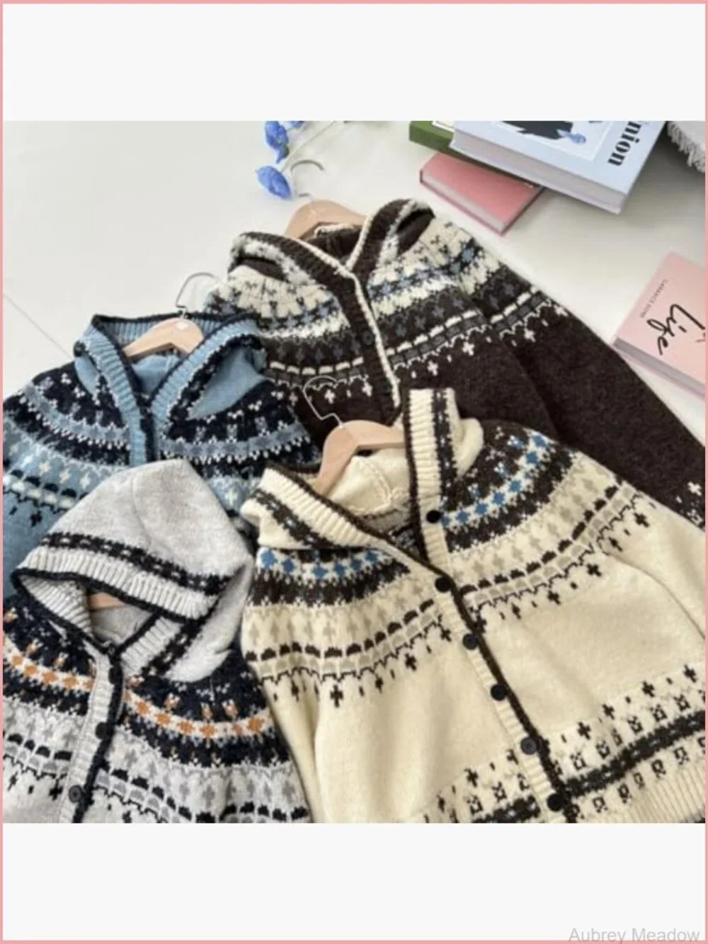 Color Block Knit Cardigan Sweater with Hood Snowflake Fair Isle Long Sleeve - Picture 6 of 7